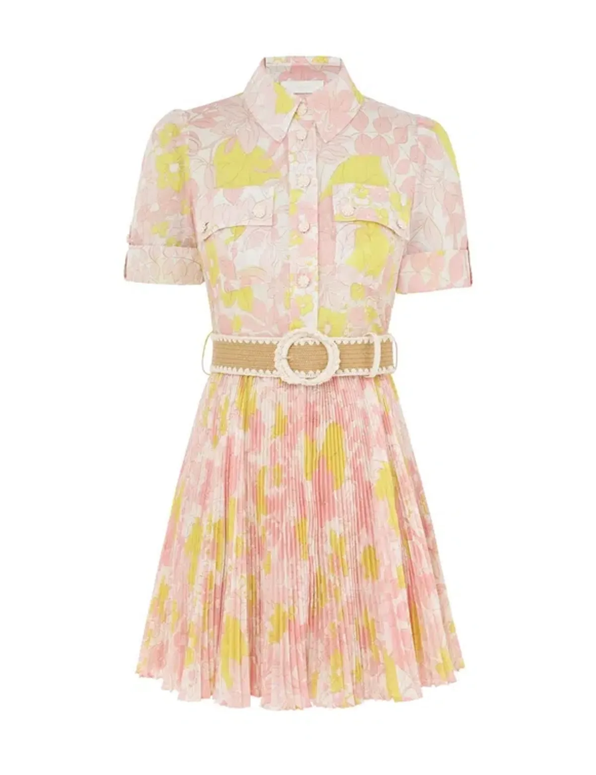 Zimmermann Size 1 Pop Pleated Mini Dress Pink/Yellow Floral Size 10 - Image 4