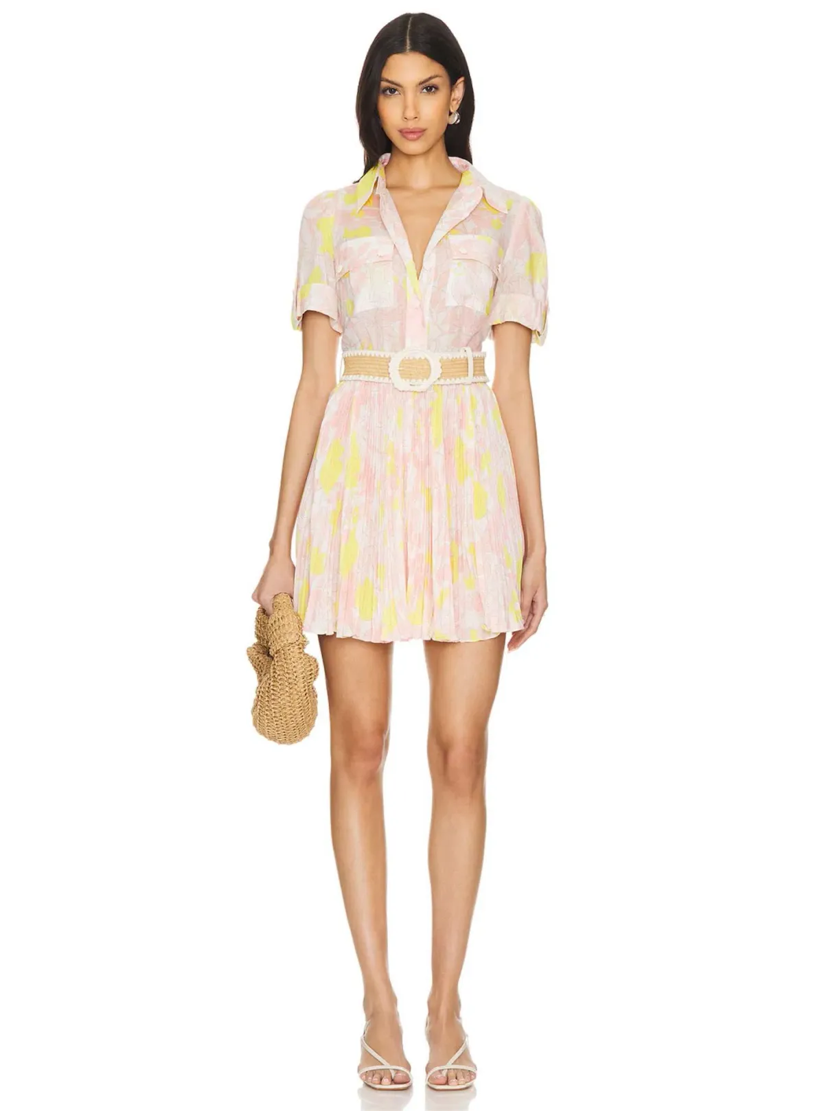 Zimmermann Size 1 Pop Pleated Mini Dress Pink/Yellow Floral Size 10 - Image 1