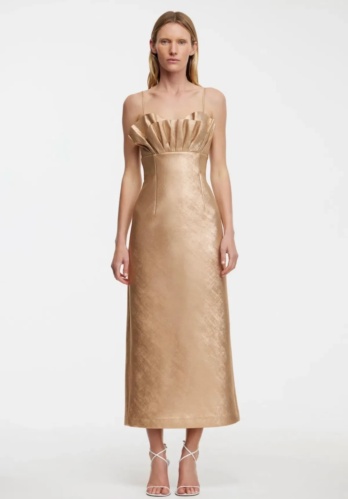 Acler Mahina Midi Dress Metallic Caramel Gold Size 8 - Image 1