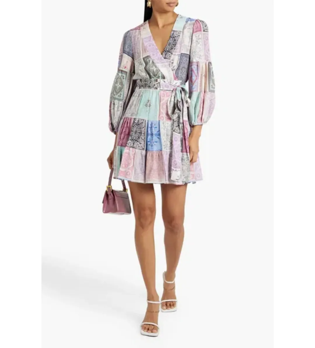 Zimmermann Patchwork-effect Printed Crepe Mini Wrap Dress Multi Size 1 / AU 10 for rent on The Volte - main image