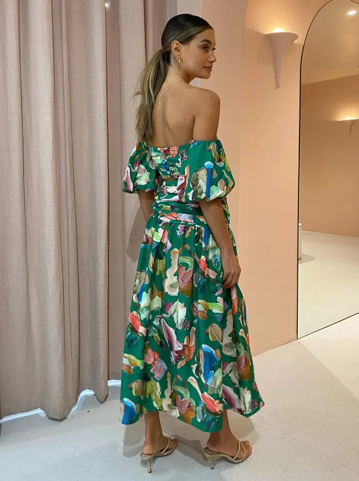 Alemais Arlo Puff Sleeve Crop Top & Midi Skirt Set Green Multi Size 8 - Image 3