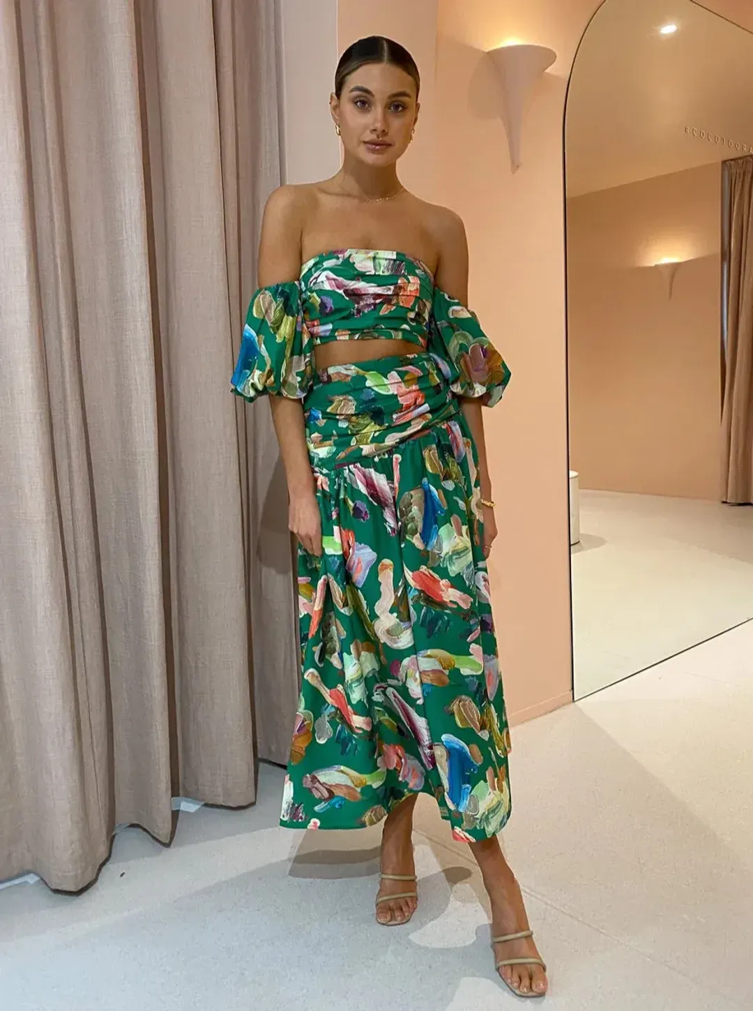 Alemais Arlo Puff Sleeve Crop Top & Midi Skirt Set Green Multi Size 8 for rent on The Volte - main image