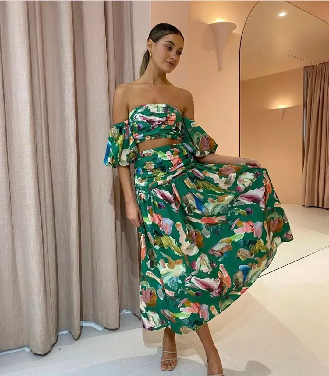 Alemais Arlo Puff Sleeve Crop Top & Midi Skirt Set Green Multi Size 8 for rent on The Volte - main image