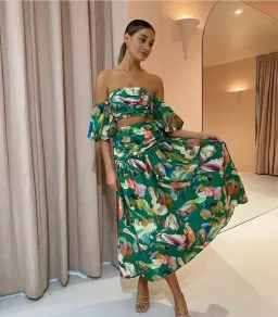Alemais Arlo Puff Sleeve Crop Top & Midi Skirt Set Green Multi Size 8 for rent on The Volte - image 1