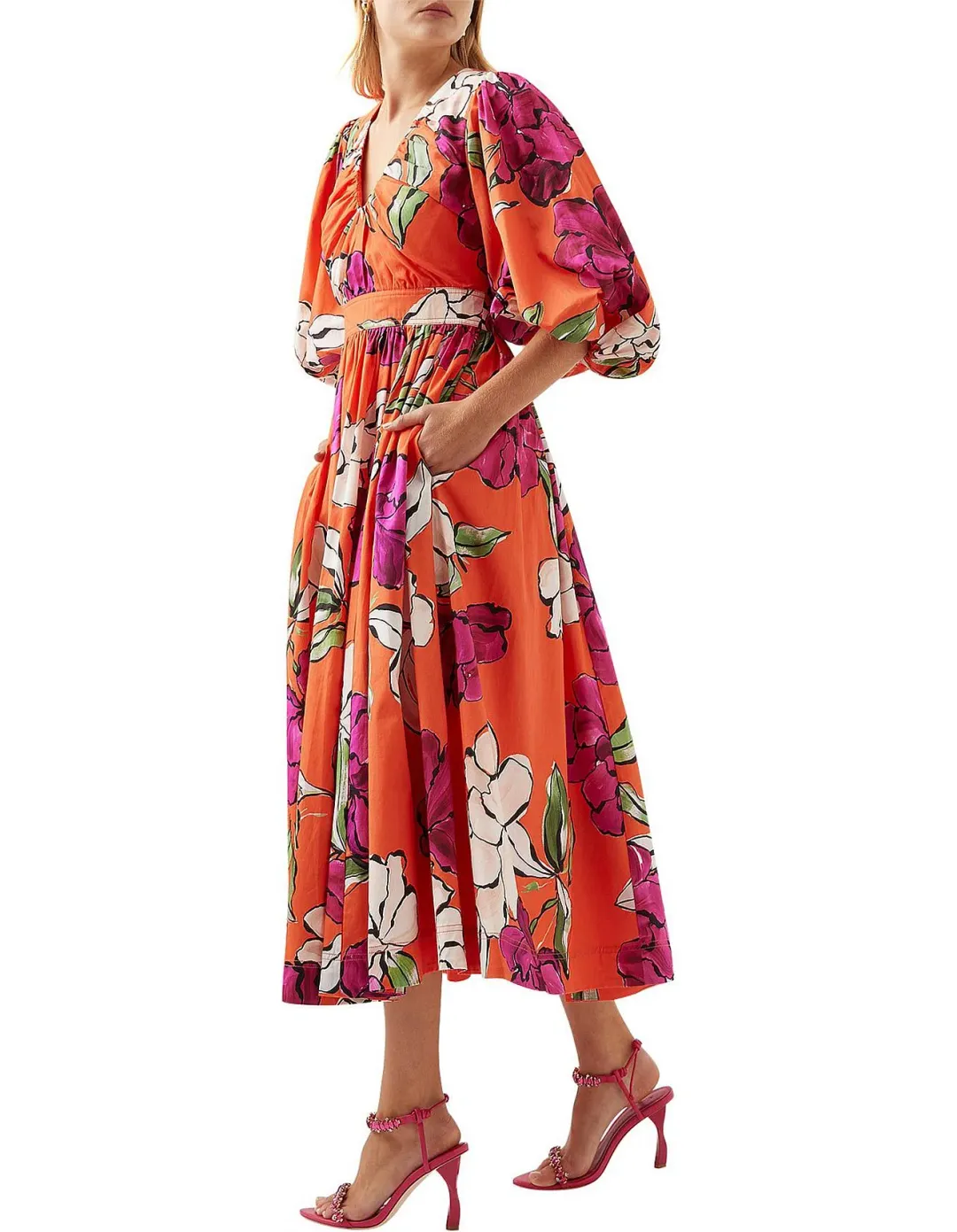 Aje Marlene Floral Midi Dress Vivid Camellia Size 4 for rent on The Volte - main image