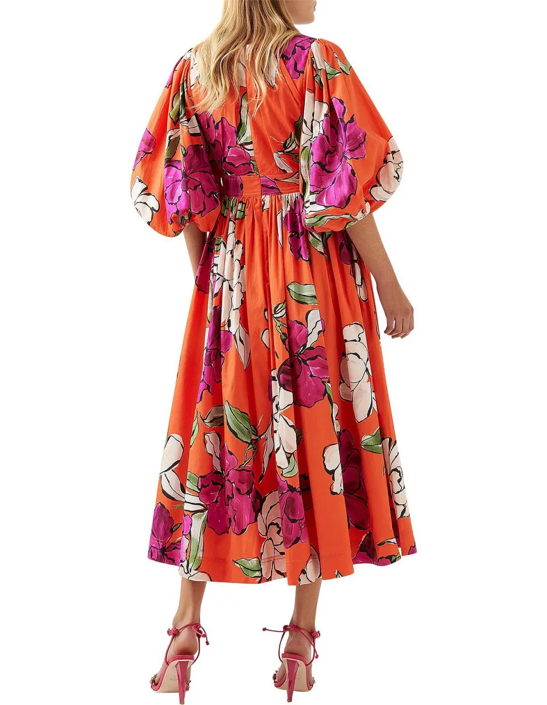 Aje Marlene Floral Midi Dress Vivid Camellia Size 4 for rent on The Volte - main image