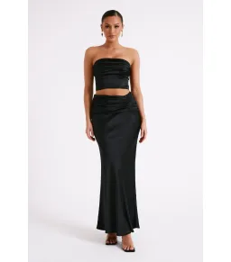 Meshki Khalani Ruched Strapless Satin Top and Skirt Set Black Size AU 8 for rent on The Volte - image 1