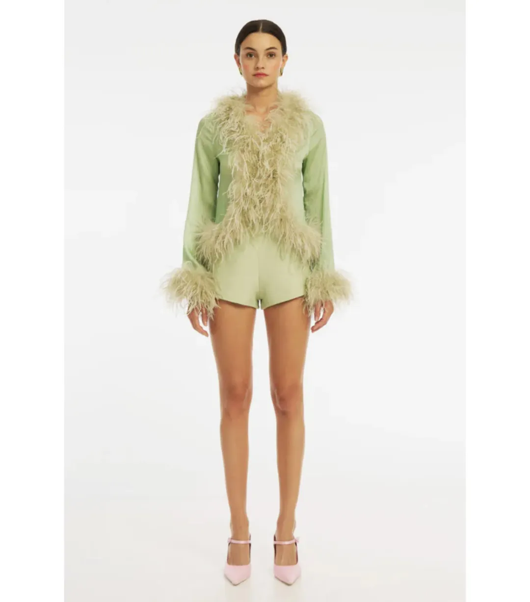 Bubish Gigi Sheer Blouse and Stassi Hot Short Set Pistachio Size AU 8 for rent on The Volte - main image