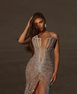 Albina Dyla Pearl Beaded Deep V Gown for rent on The Volte - image 3