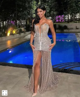 Albina Dyla Pearl Beaded Deep V Gown for rent on The Volte - image 4