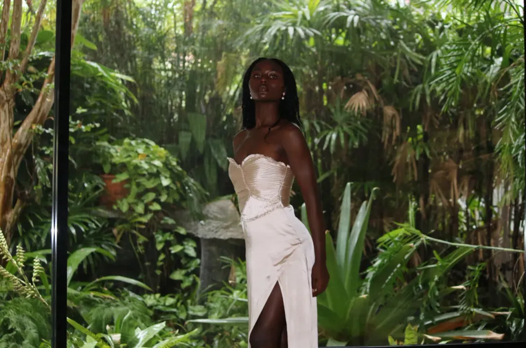 Larissa Satin Maxi Dress With Ruched Petals - Champagne MESHKI for rent on The Volte - main image