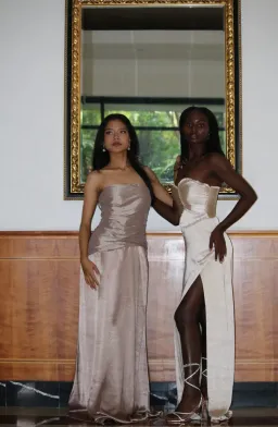 Serena Strapless Taffeta Maxi Dress - Bronze Taupe MESHKI size S for rent on The Volte - image 2