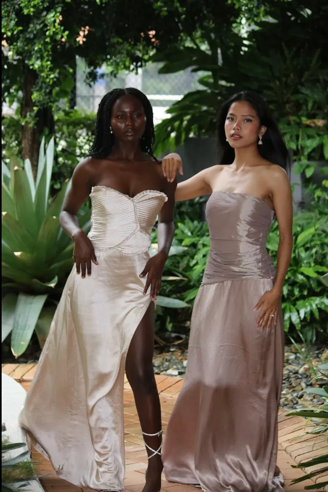Serena Strapless Taffeta Maxi Dress - Bronze Taupe MESHKI size S for rent on The Volte - main image