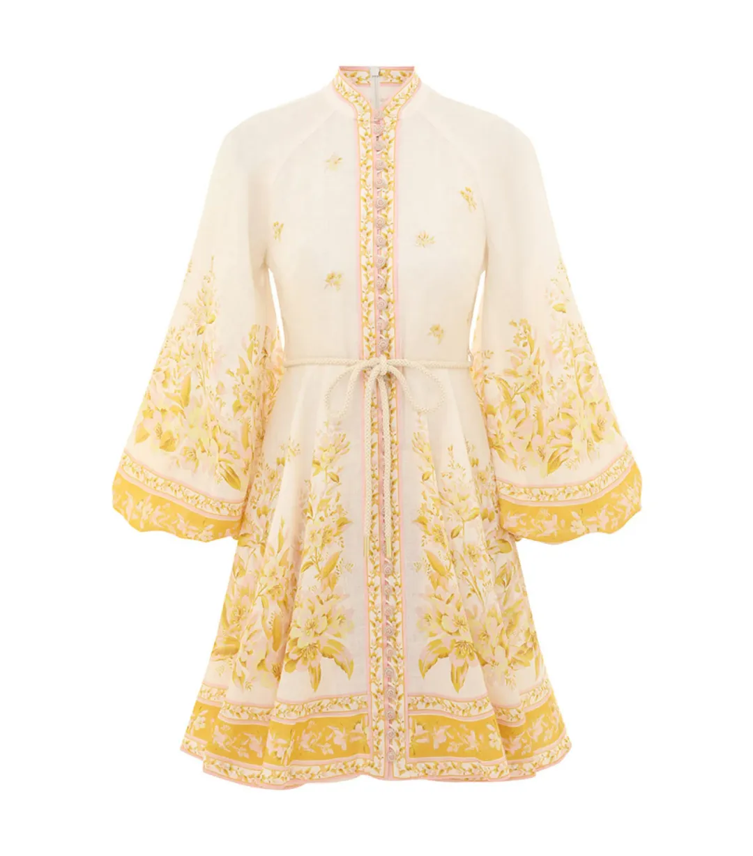 Zimmermann Golden Button Mini Dress In Pink/Gold Floral Size 0 / AU 8 for rent on The Volte - main image