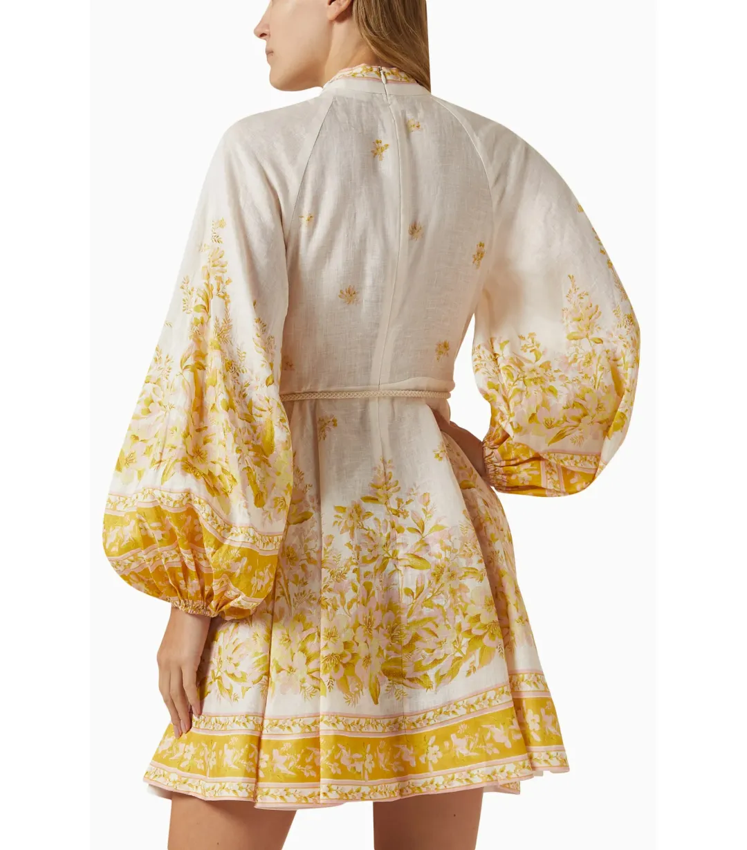 Zimmermann Golden Button Mini Dress In Pink/Gold Floral Size 0 / AU 8 for rent on The Volte - main image