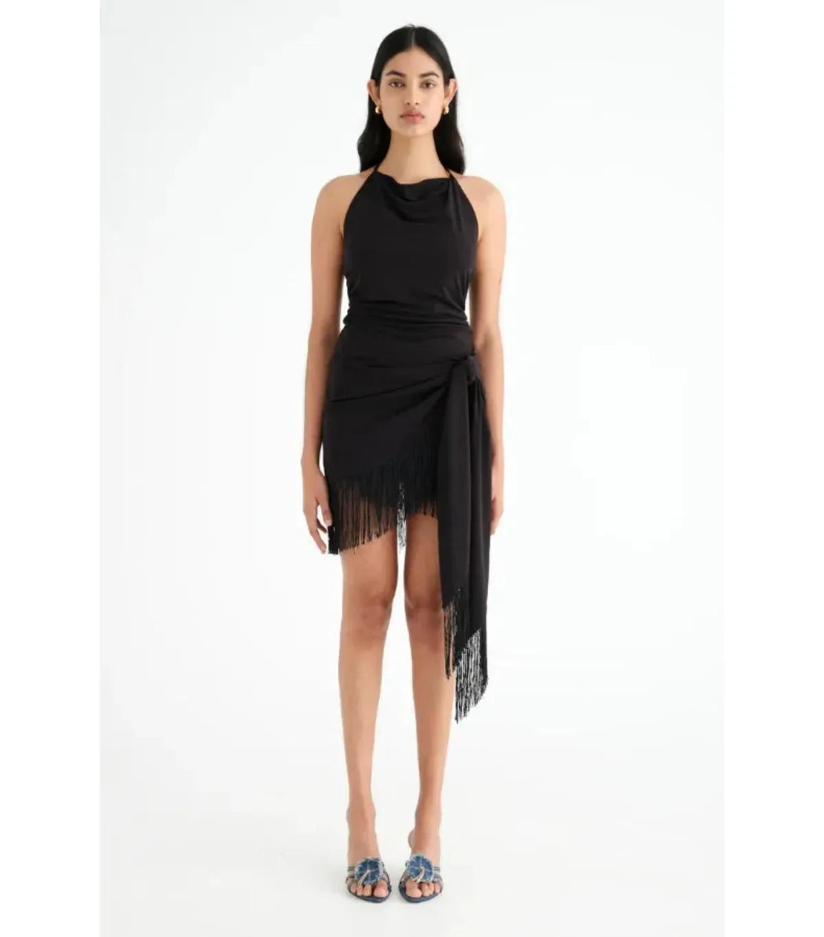 Benni Carolina Fringe Halter Dress Black Size AU 10 for rent on The Volte - main image