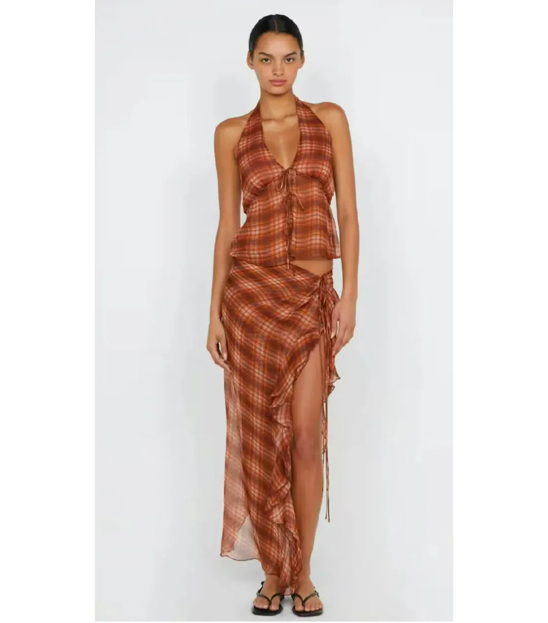 Bec And Bridge Devi Halter Top and Skirt Set in Desert Check Size AU 8 for rent on The Volte - main image