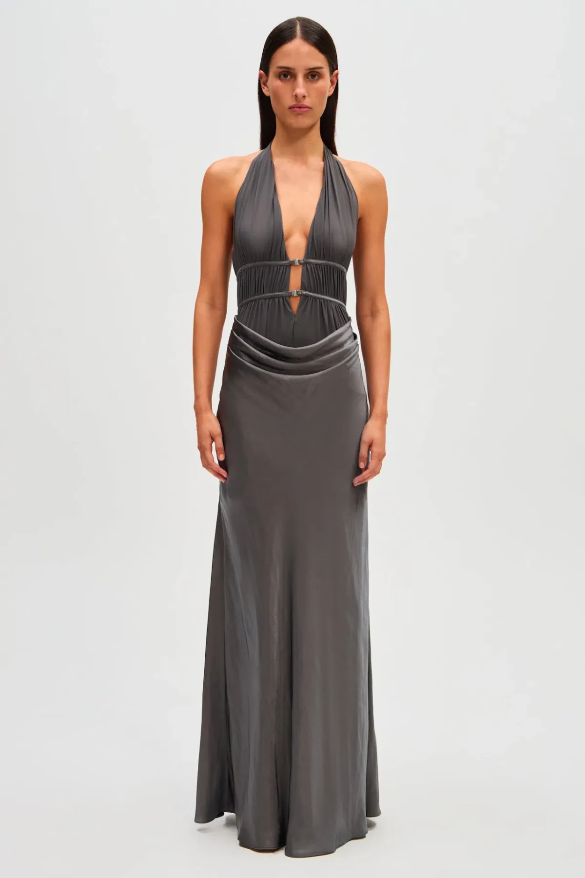 Misha Celine Satin Maxi Dress Pewter Size 8 - Image 1