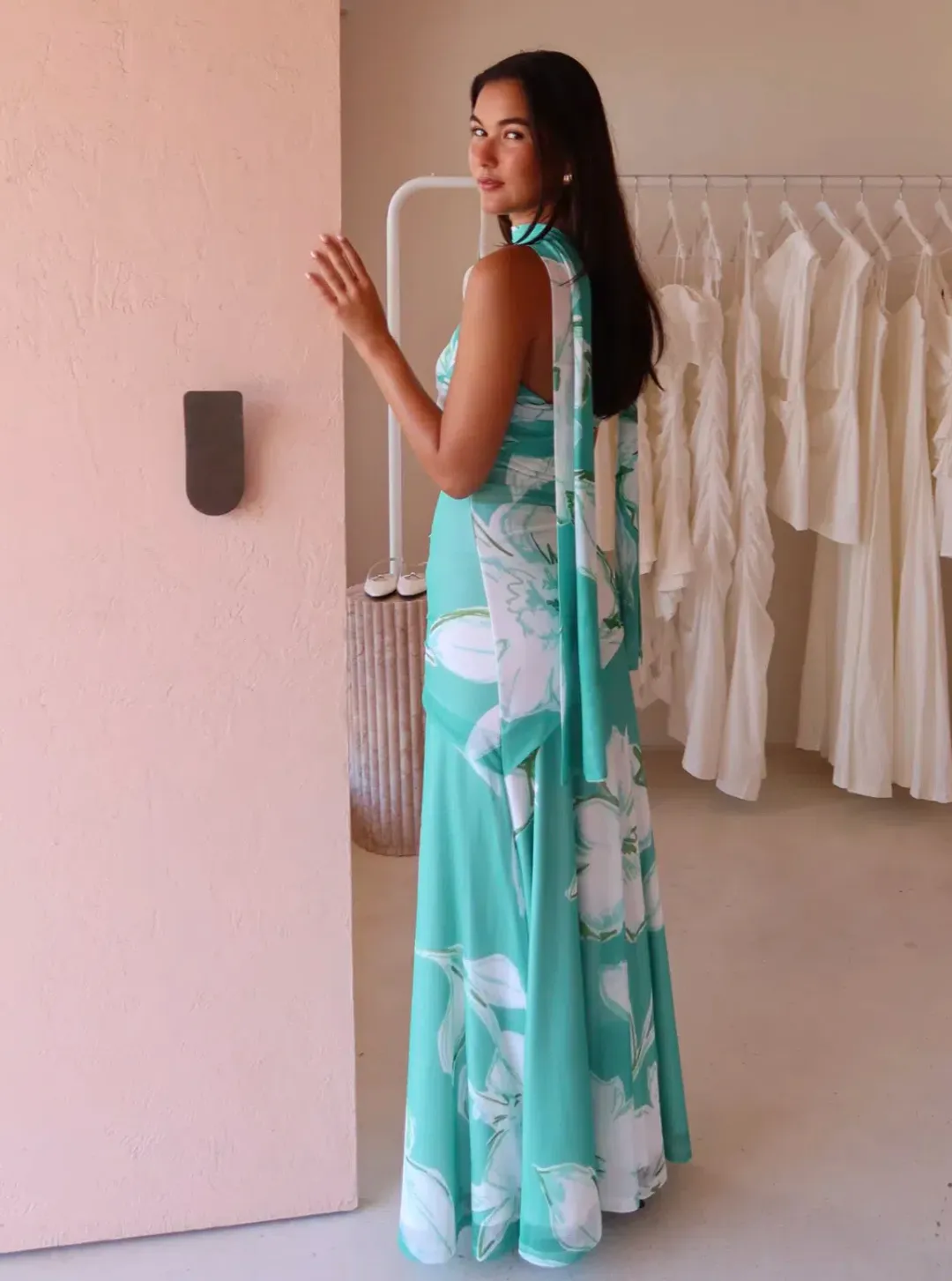 By Nicola Fiesta Off Shoulder Maxi Dress Verde Fleur Size S / AU 8 for rent on The Volte - main image