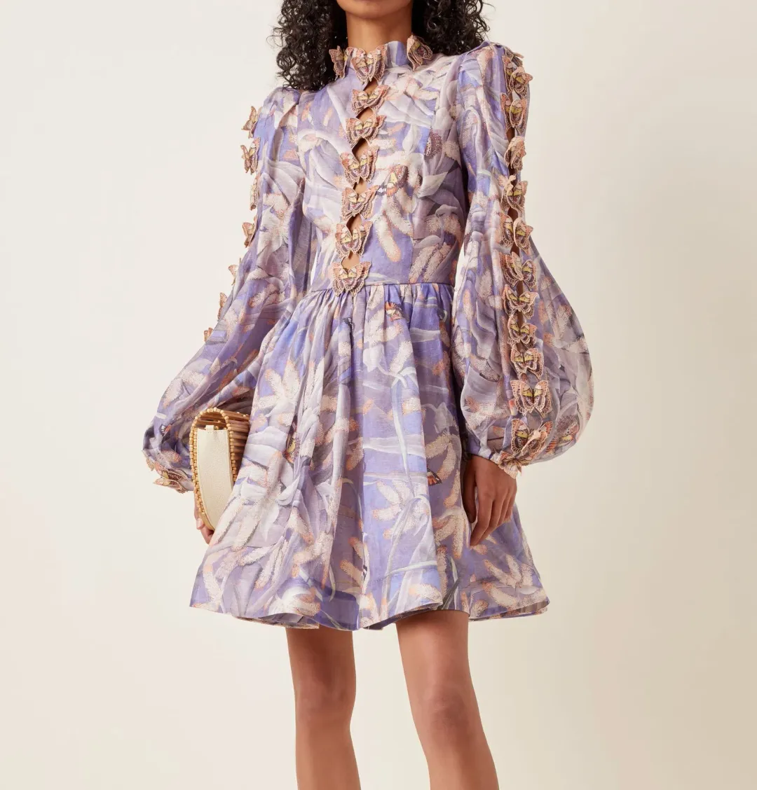 Zimmermann Botanica Butterfly Detailed Linen Silk Mini Dress Pandanus Size 2 / AU 12 for rent on The Volte - main image