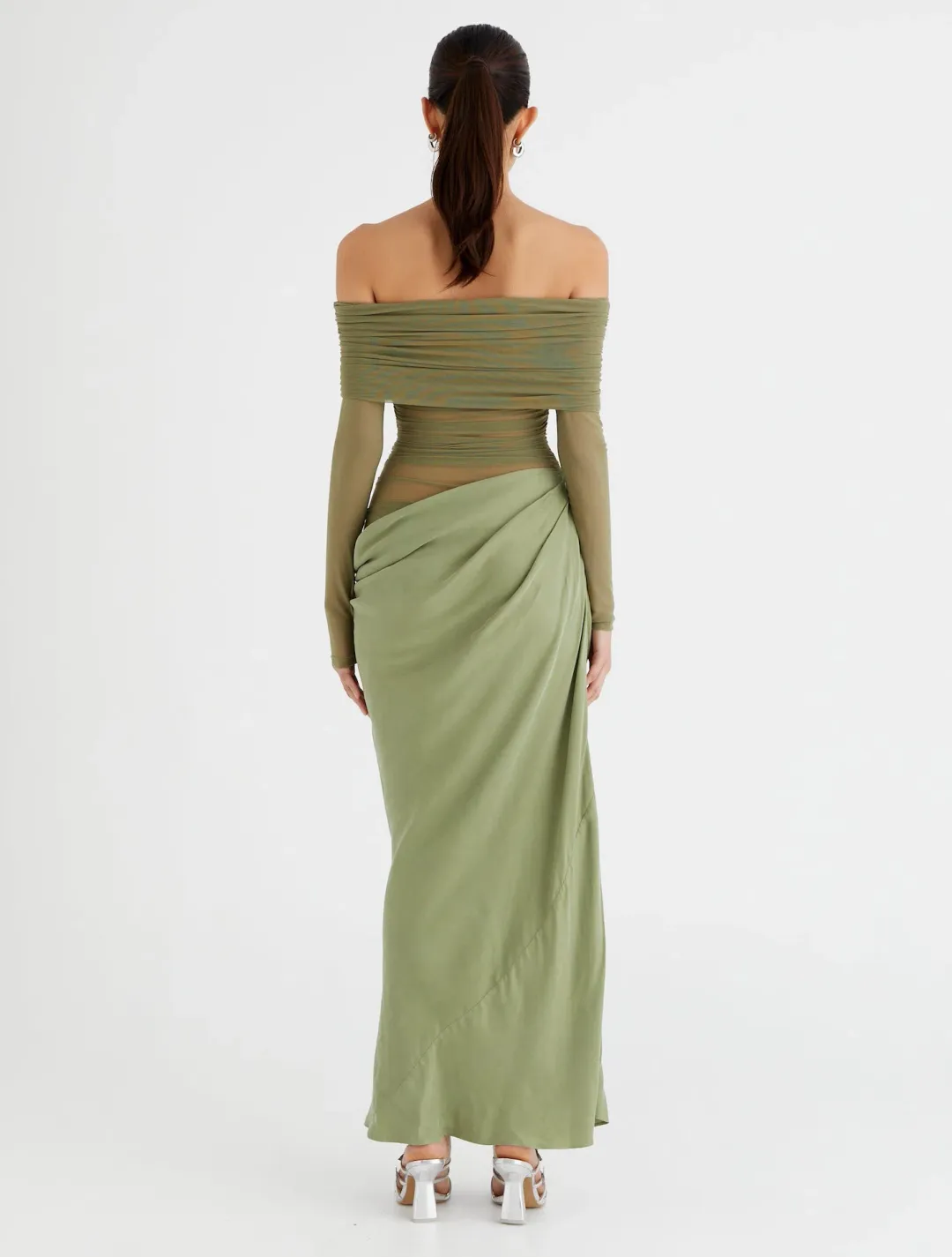 Benni Yasmin Off Shoulder Maxi Dress in Pistachio Size AU 10 for rent on The Volte - main image