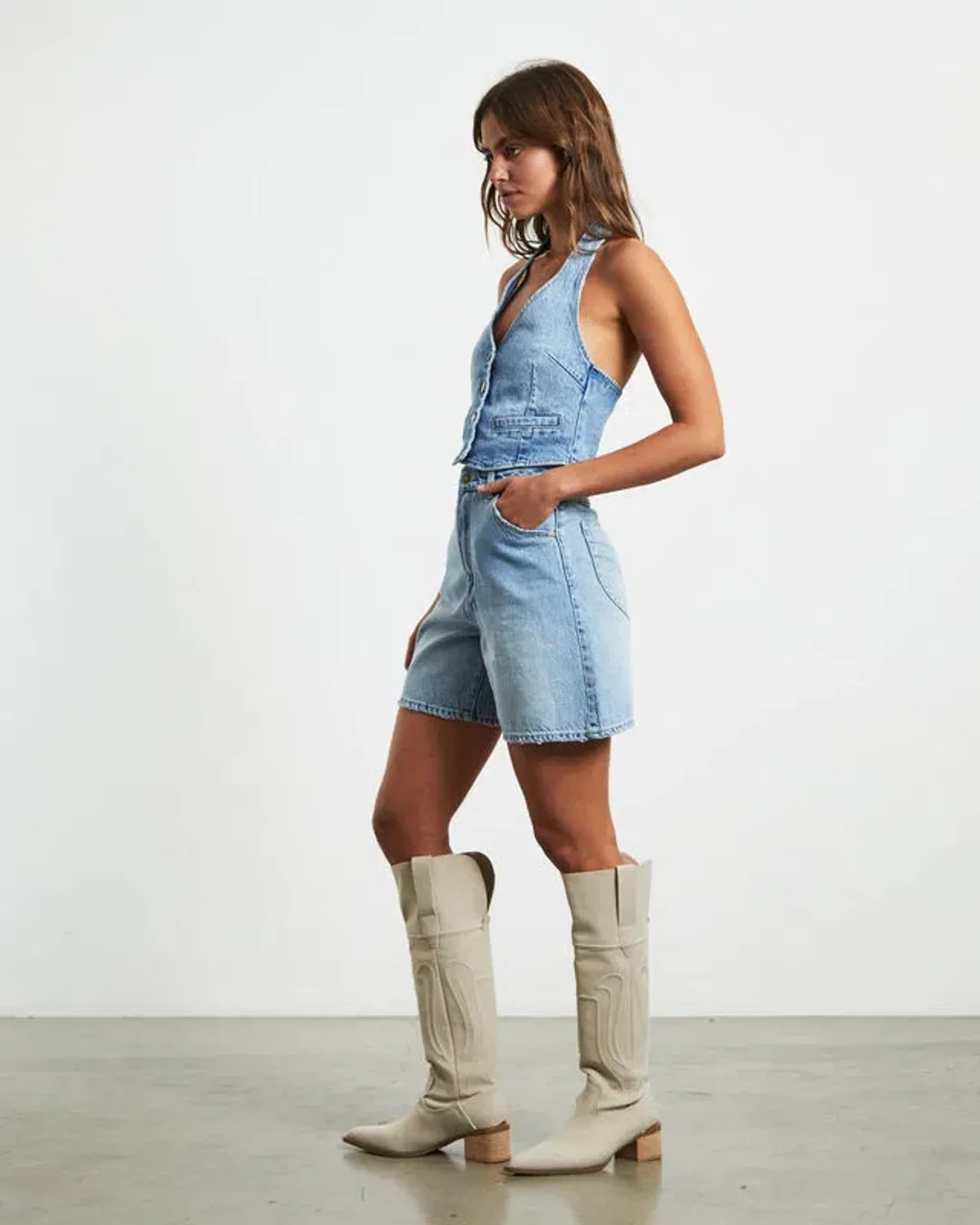 Rollas Halter Denim Vest Basette Blue Size M / AU 10 for rent on The Volte - main image