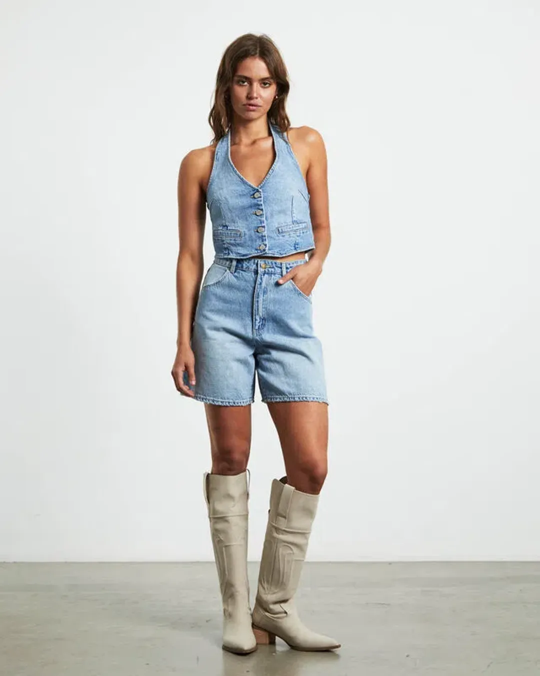 Rollas Halter Denim Vest Basette Blue Size M / AU 10 for rent on The Volte - main image