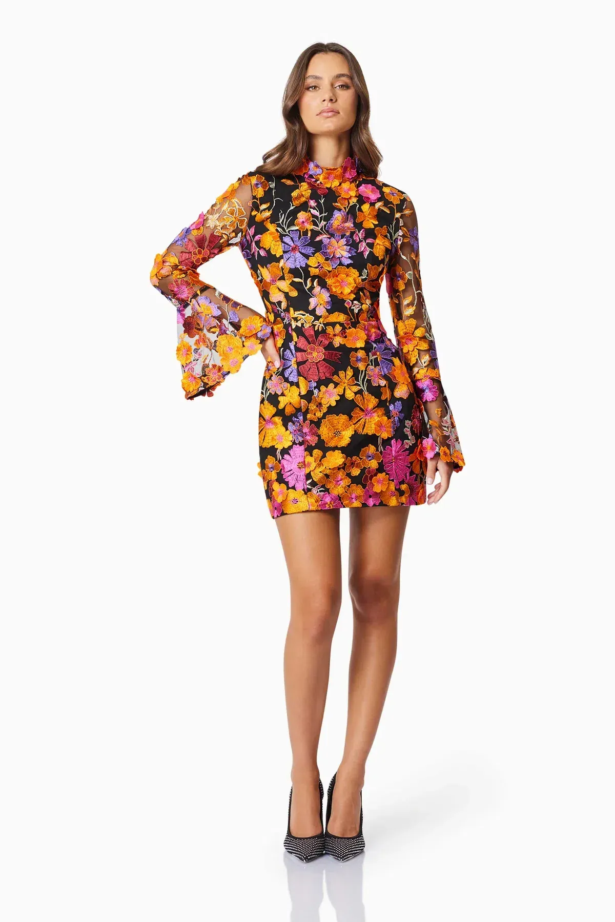 Elliatt Alessandra Floral Long Sleeve Mini Dress in Orange Multi Size - Image 1