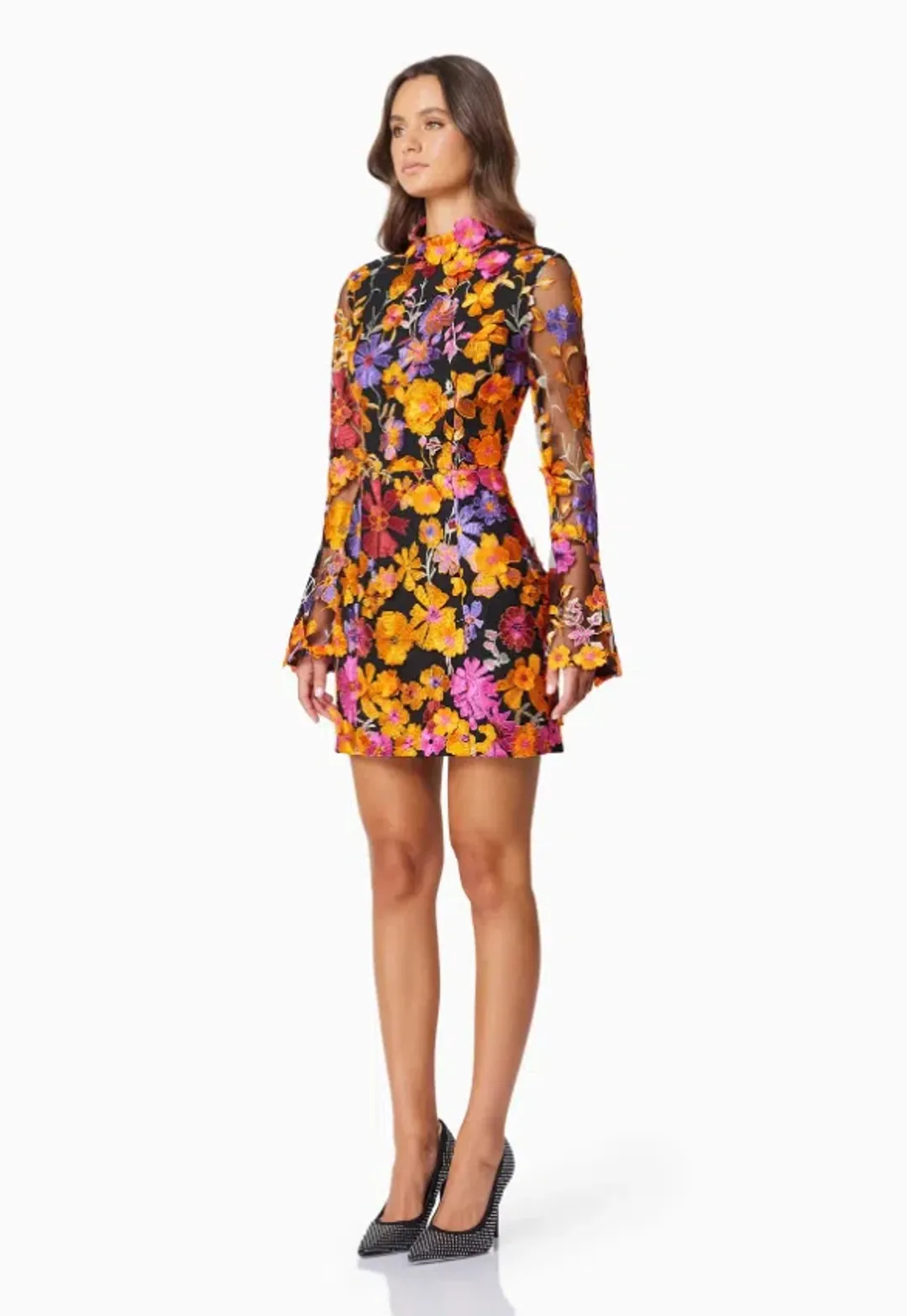 Elliatt Alessandra Floral Long Sleeve Mini Dress in Orange Multi Size for rent on The Volte - main image