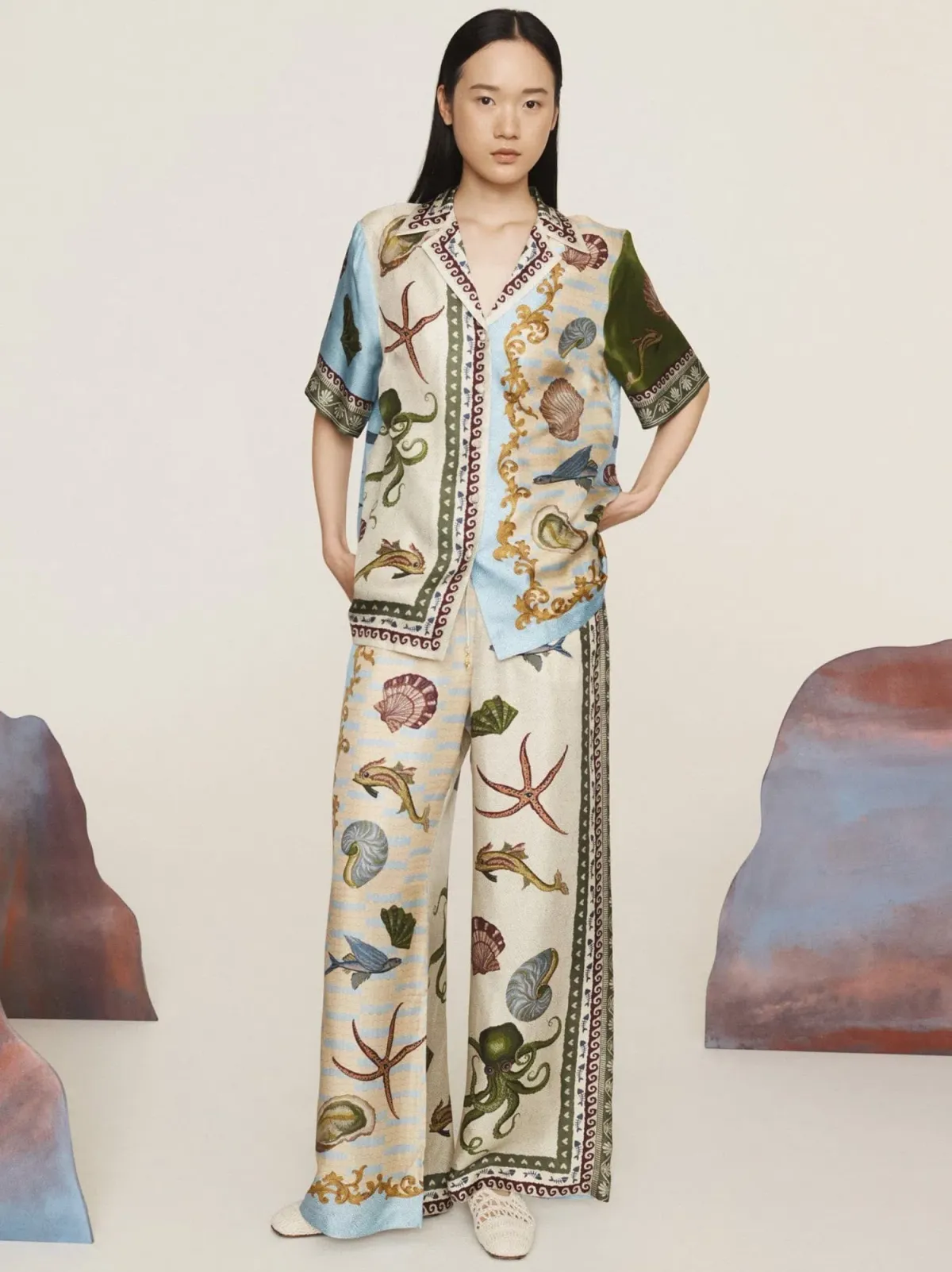 Alemais Bath House Silk Shirt and Pants Set Multi Size 14 - Image 1