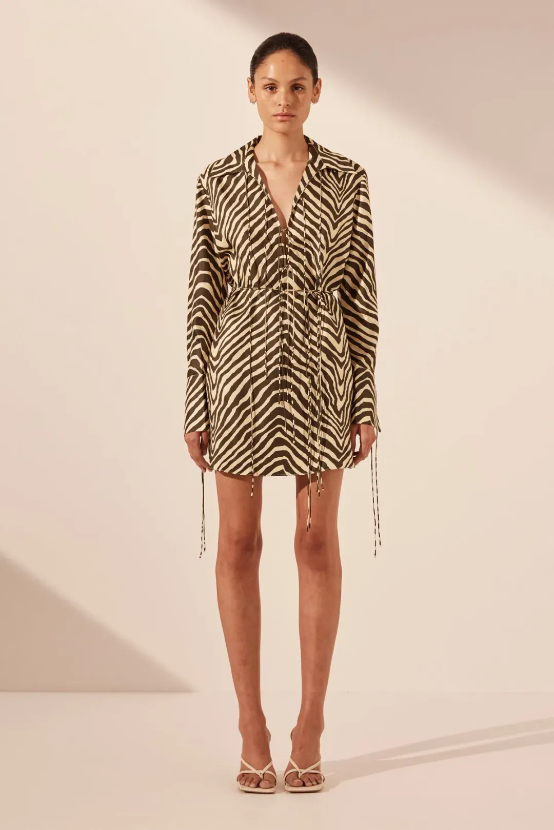 Shona Joy Sana Silk Shirt Tie Mini Dress Bone/Chocolate Size 8 for rent on The Volte - main image