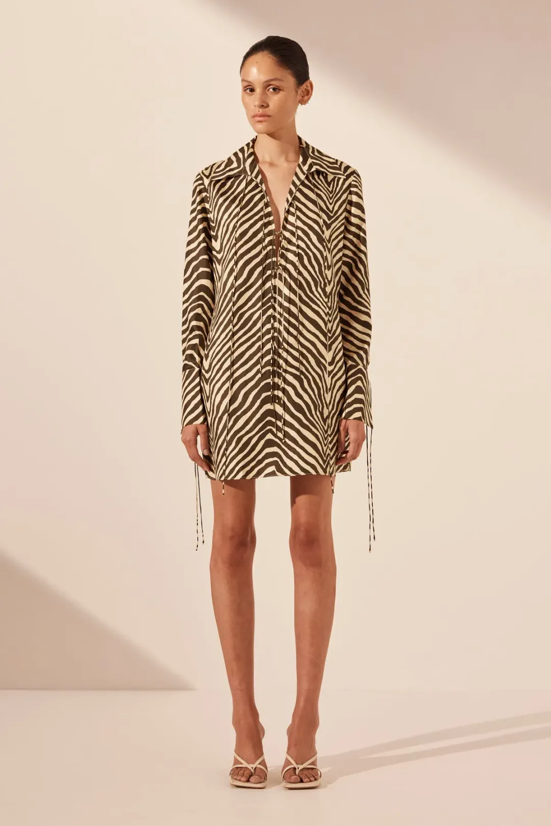 Shona Joy Sana Silk Shirt Tie Mini Dress Bone/Chocolate Size 8 for rent on The Volte - main image