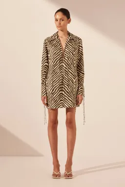 Shona Joy Sana Silk Shirt Tie Mini Dress Bone/Chocolate Size 8 for rent on The Volte - image 1