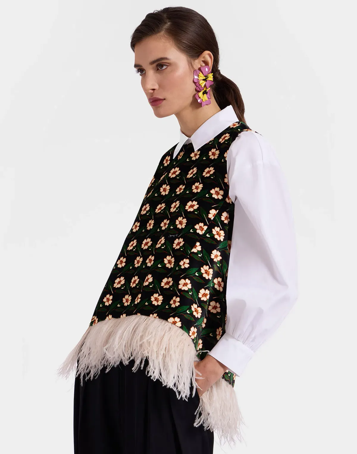 La Double J La Scala Top Mayfair Black in Cotton Velvet With Feathers Size XS / AU 6 - Image 1