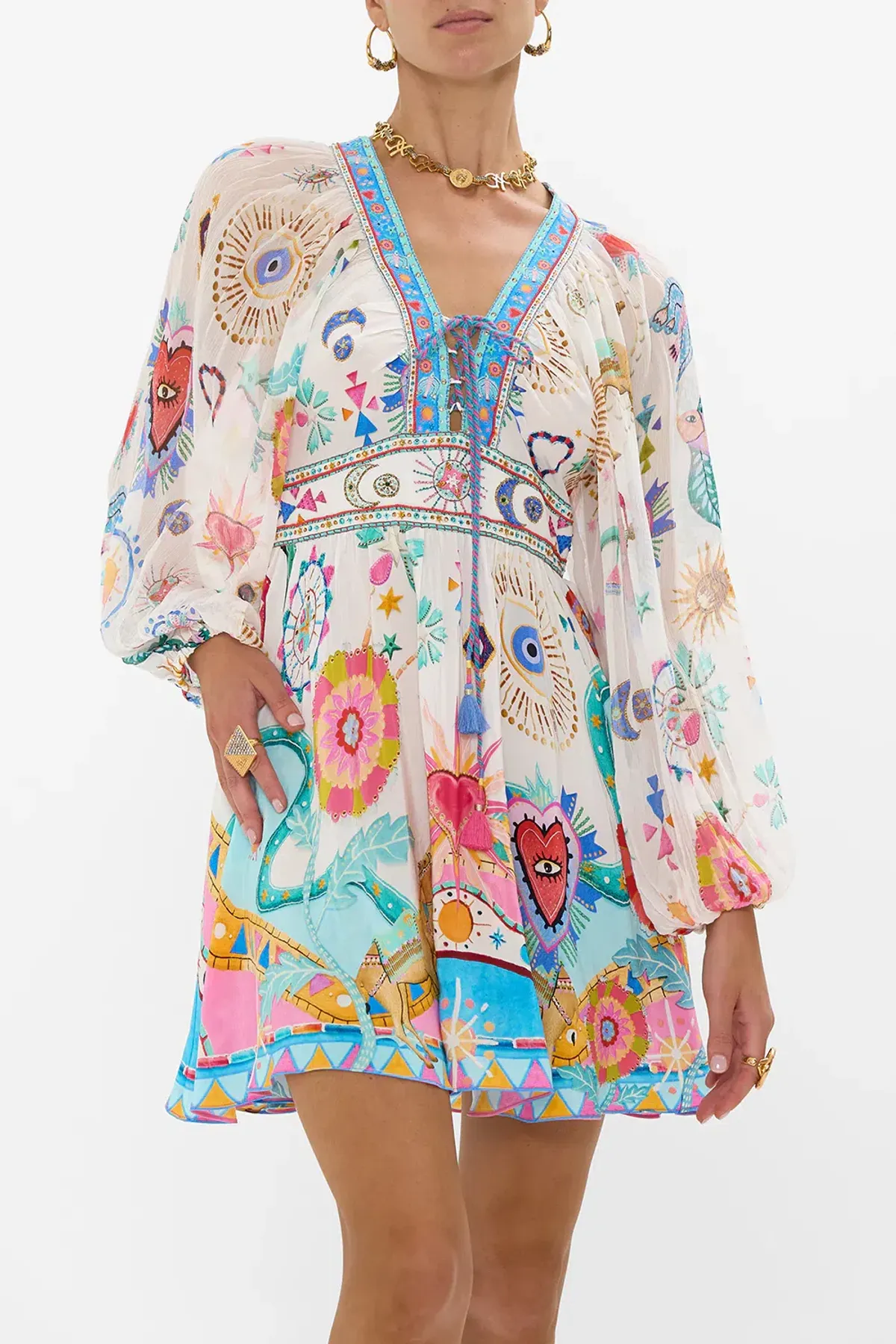 Camilla White Lace Up Front Short Dress Living In Colour Multi Size 12 - Image 4