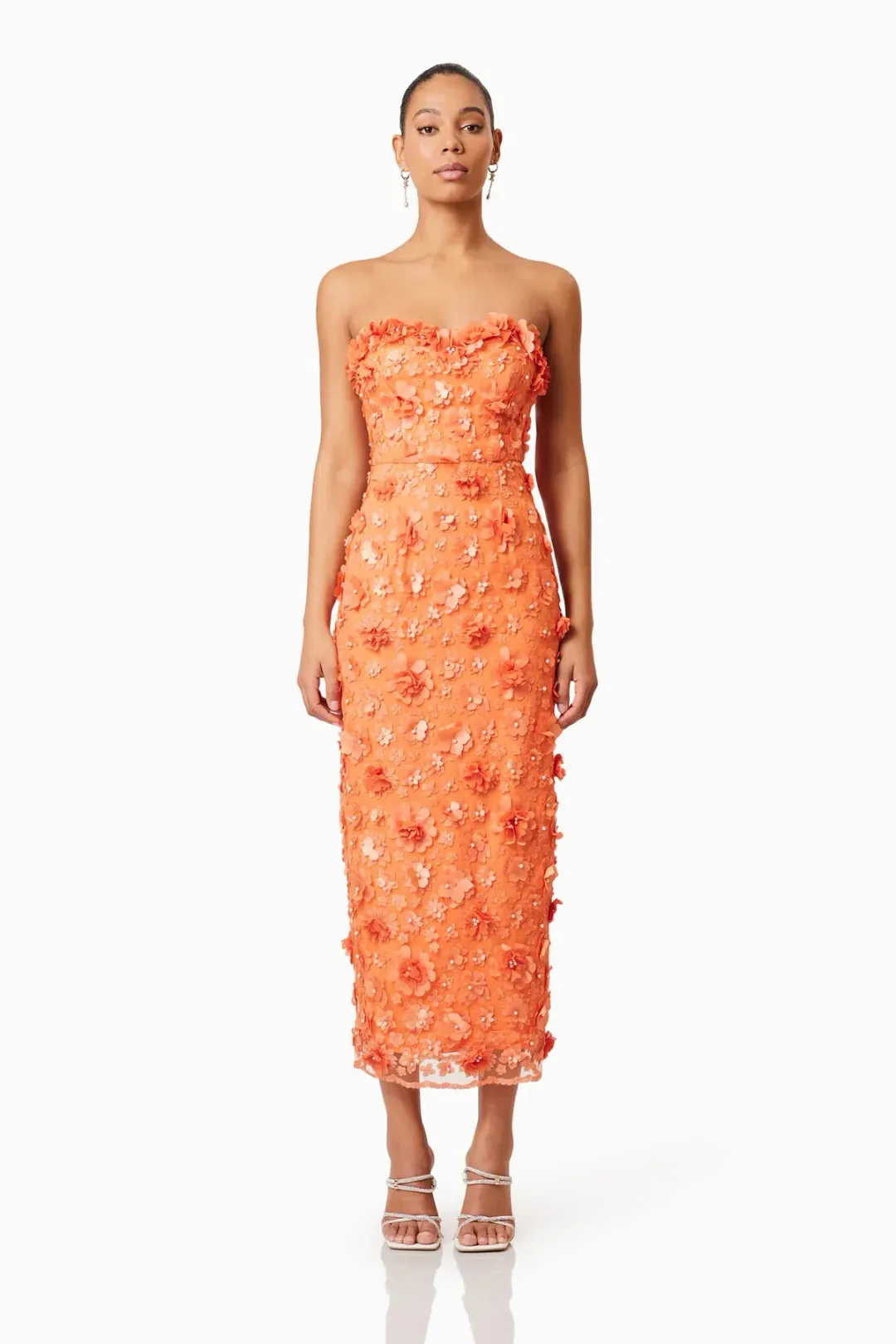 Elliatt Bluebell Strapless 3D Midi Dress Orange Size 6 for rent on The Volte - main image