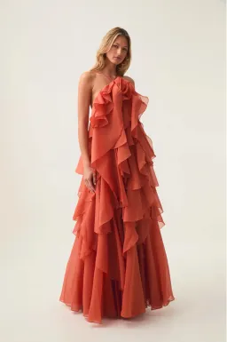 Aje Pandorea Layered Maxi Dress in Coral Clay Size AU 6 for rent on The Volte - image 2