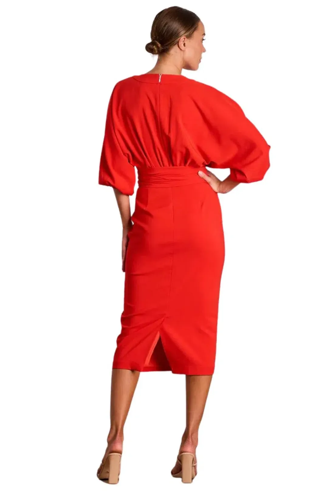 Pasduchas Emerson Drape Midi Dress Poppy Red Size 10 for rent on The Volte - main image
