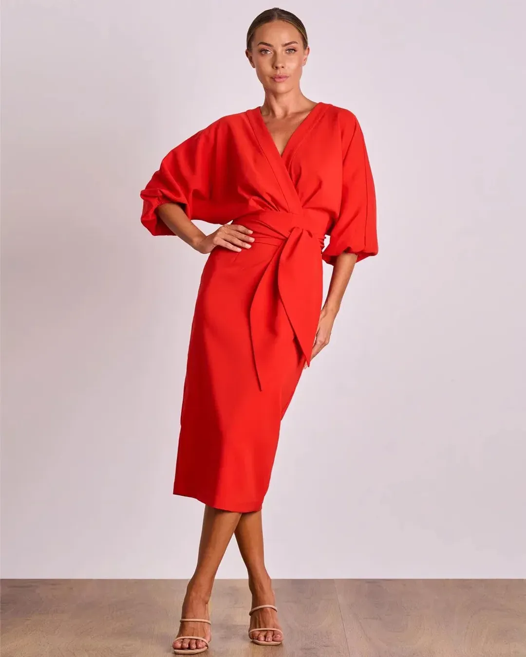 Pasduchas Emerson Drape Midi Dress Poppy Red Size 10 for rent on The Volte - main image