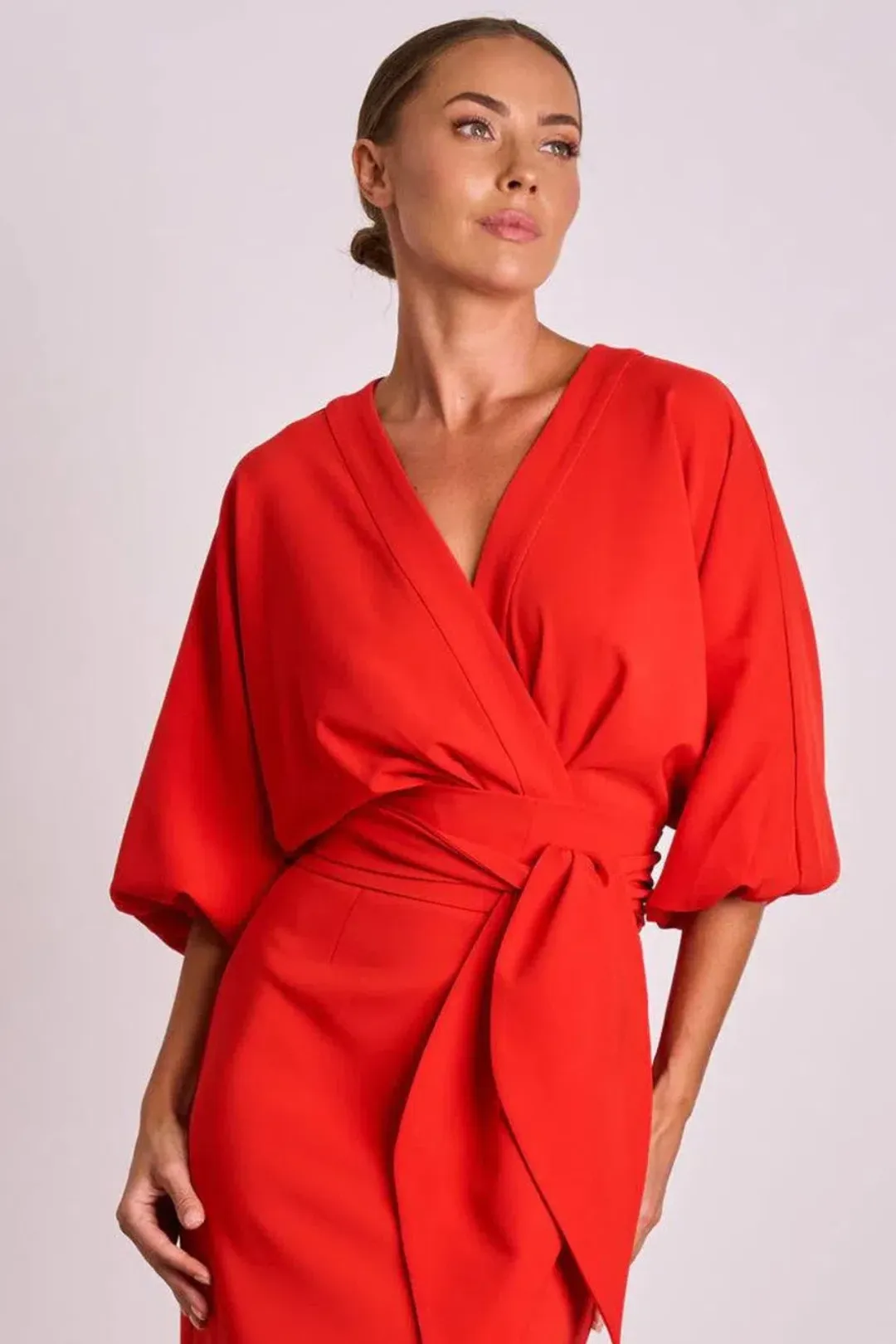 Pasduchas Emerson Drape Midi Dress Poppy Red Size 10 for rent on The Volte - main image