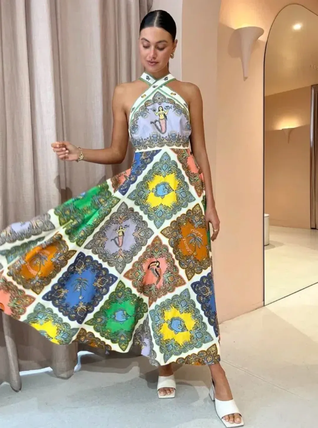 Alemais Trippy Troppo Halter Midi Dress Multi Size 12 for rent on The Volte - main image