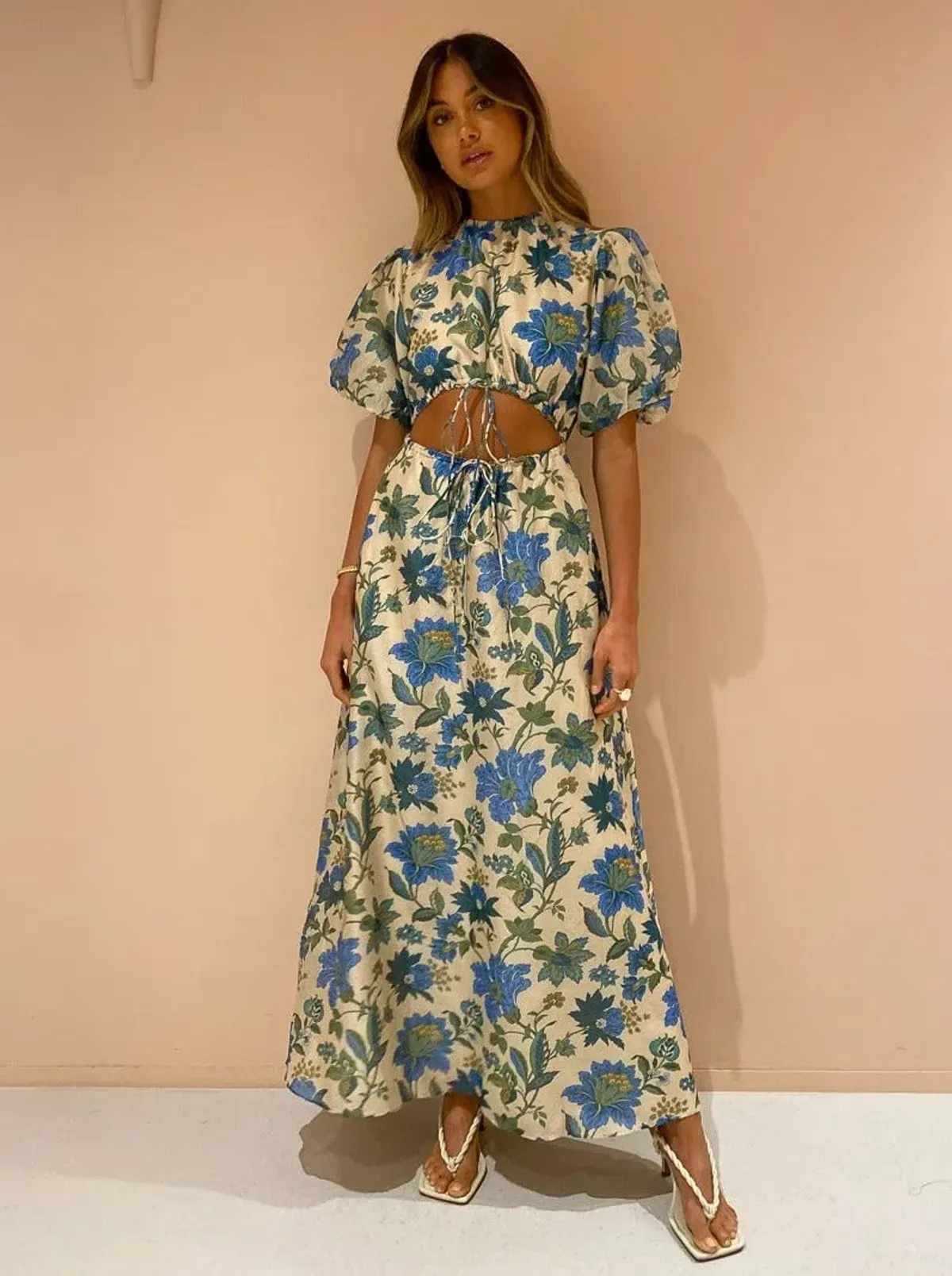 Sir the Label Celia Puff Sleeve Midi Dress in Blue Floral Alexandre Print Size 0 (AU 6) - Image 1