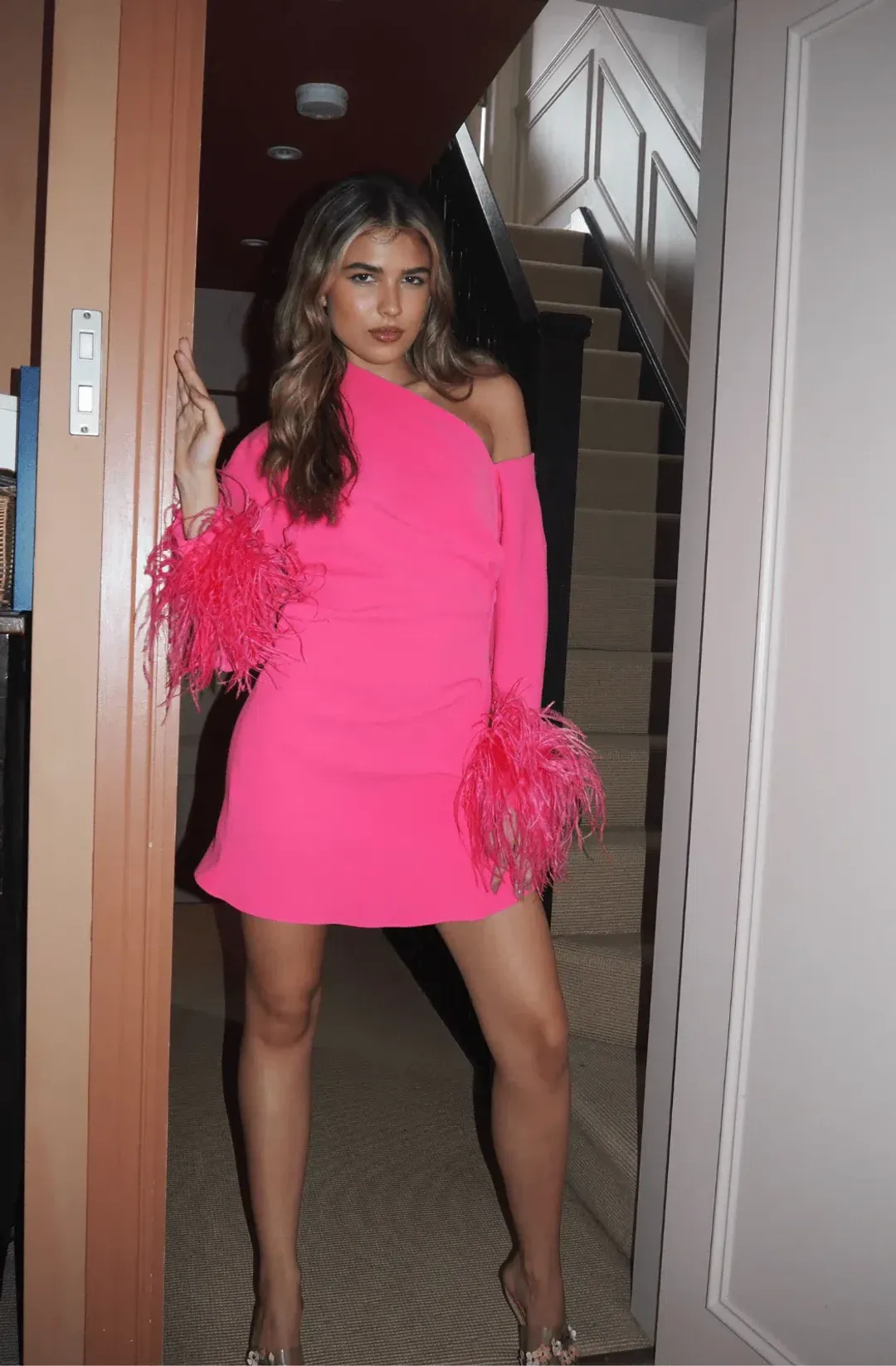 16Arlington Adelaide One Shoulder Feather Crepe Mini Dress Pink Size 8 for rent on The Volte - main image