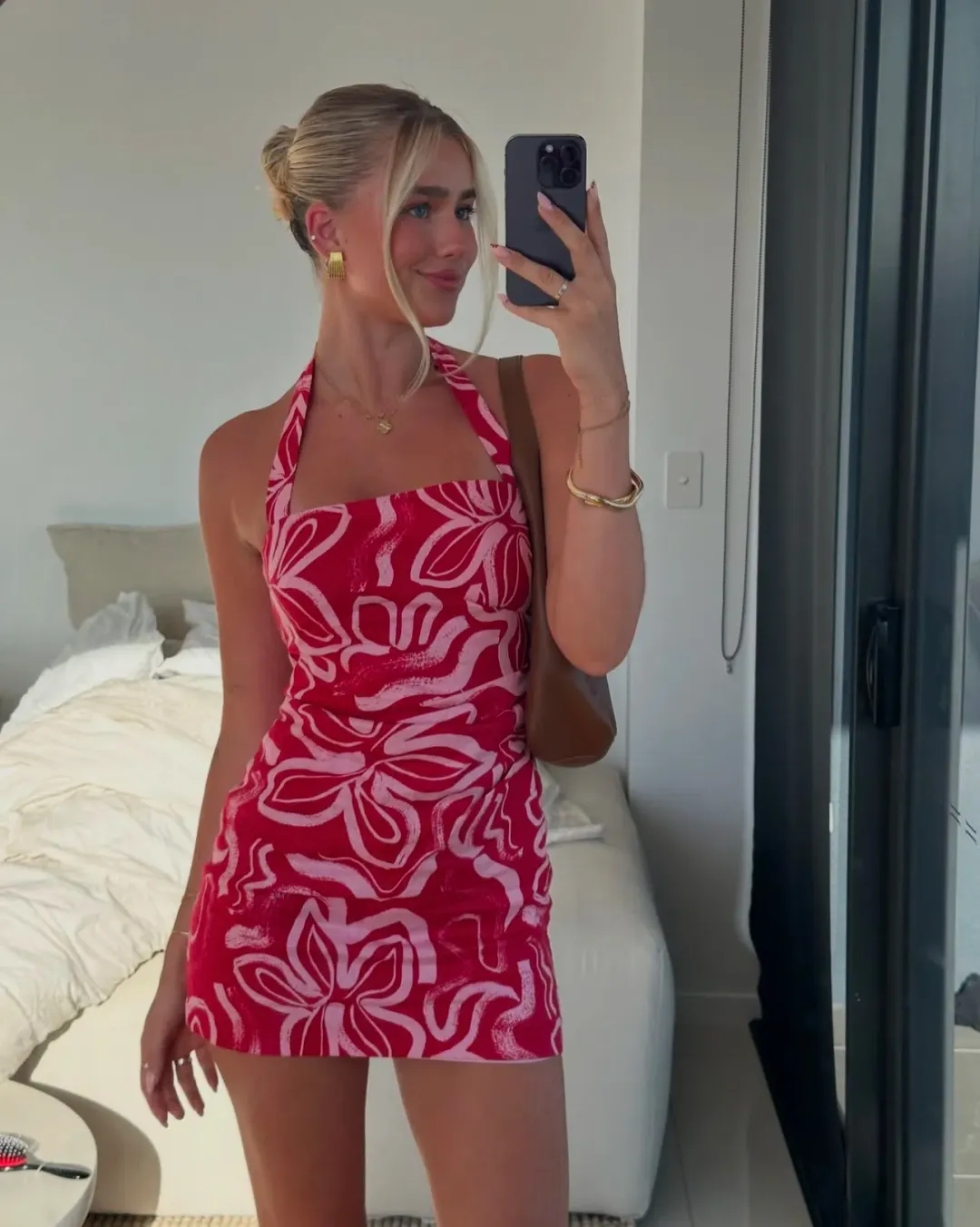 Kookai Soley Rouched Mini Dress Pink/Red Size 6 for rent on The Volte - main image
