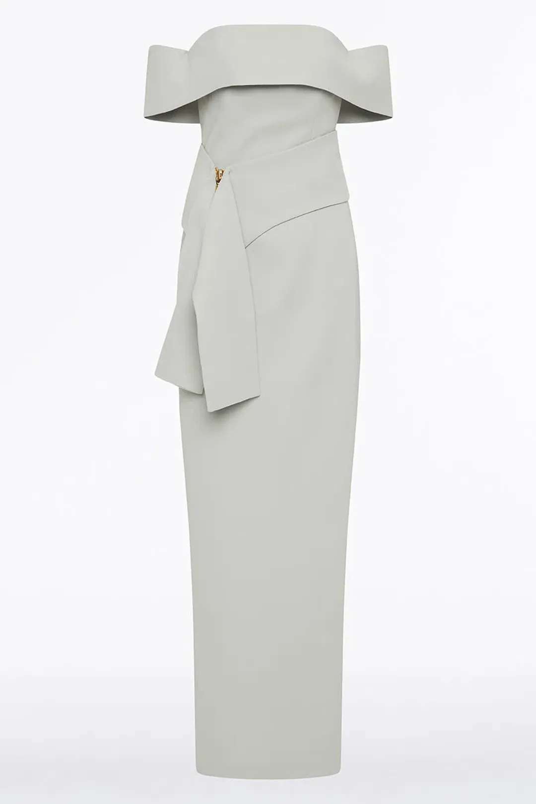 Carla Zampatti Silver Crepe La Banda Off Shoulder Gown Size 6 for rent on The Volte - main image