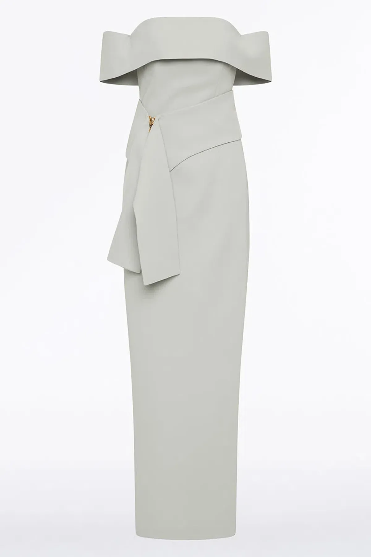 Carla Zampatti Silver Crepe La Banda Off Shoulder Gown Size 6 - Image 4