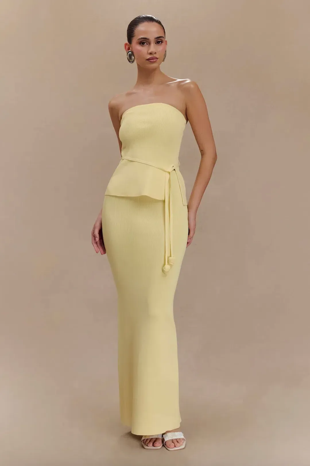 Meshki Keaton Strapless Rose Tie Knit Top and Fishtail Knit Maxi Skirt Set in Lemon Size 8 for rent on The Volte - main image
