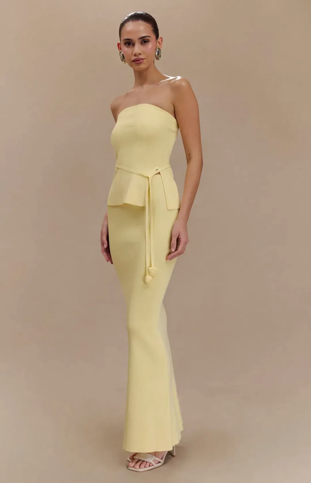 Meshki Keaton Strapless Rose Tie Knit Top and Fishtail Knit Maxi Skirt Set in Lemon Size 8 for rent on The Volte - main image