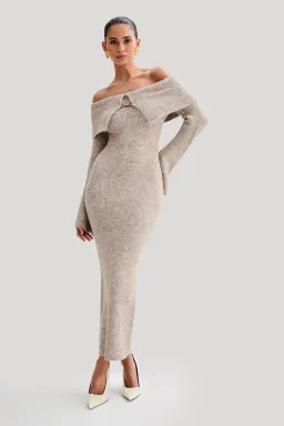 Meshki Baxter Off Shoulder Fluffy Knit Midi Dress Taupe Marle Size L / AU 12 for rent on The Volte - image 1