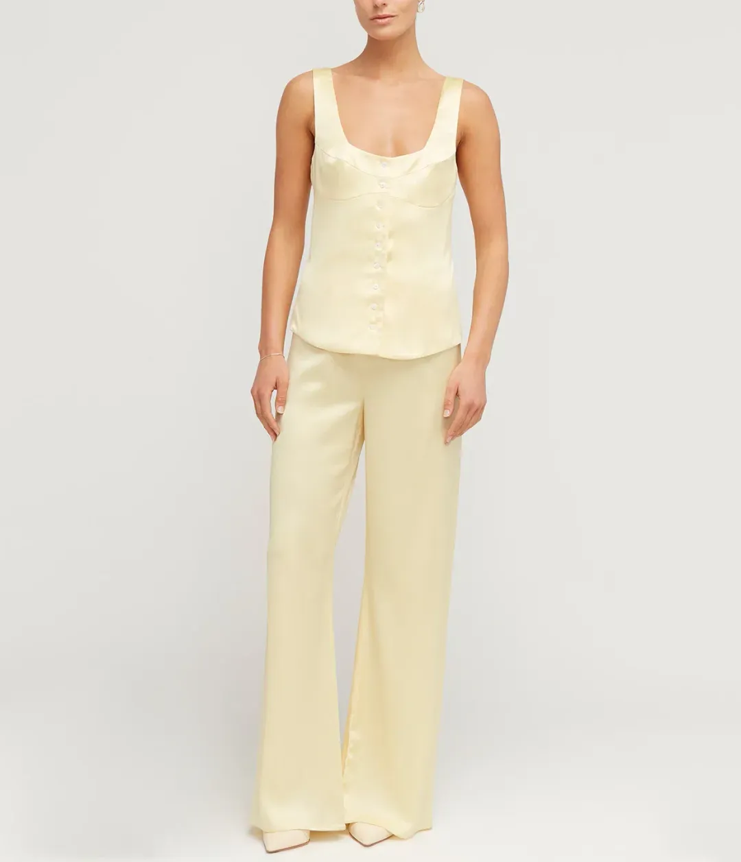 Maison Essentiele Button Down Vest Size XS and Straight Leg Pant Size S Set in Pale Yellow for rent on The Volte - main image